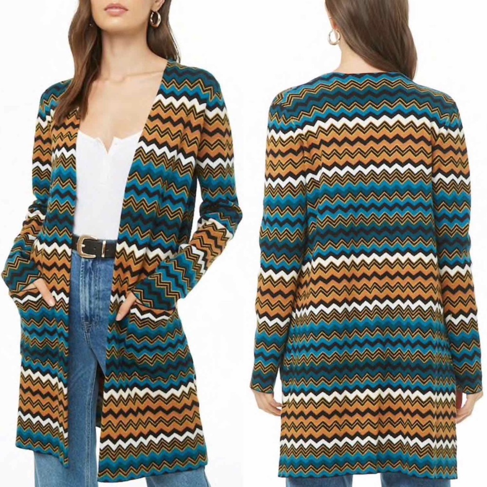 Forever 21 Chevron Zig Zag Dark Turquoise Open Front Sweater Cardigan Size Large